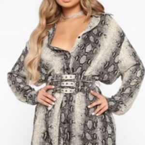 Snakeskin Print Button-Up Shirt Dress With Matching Buckle Belt